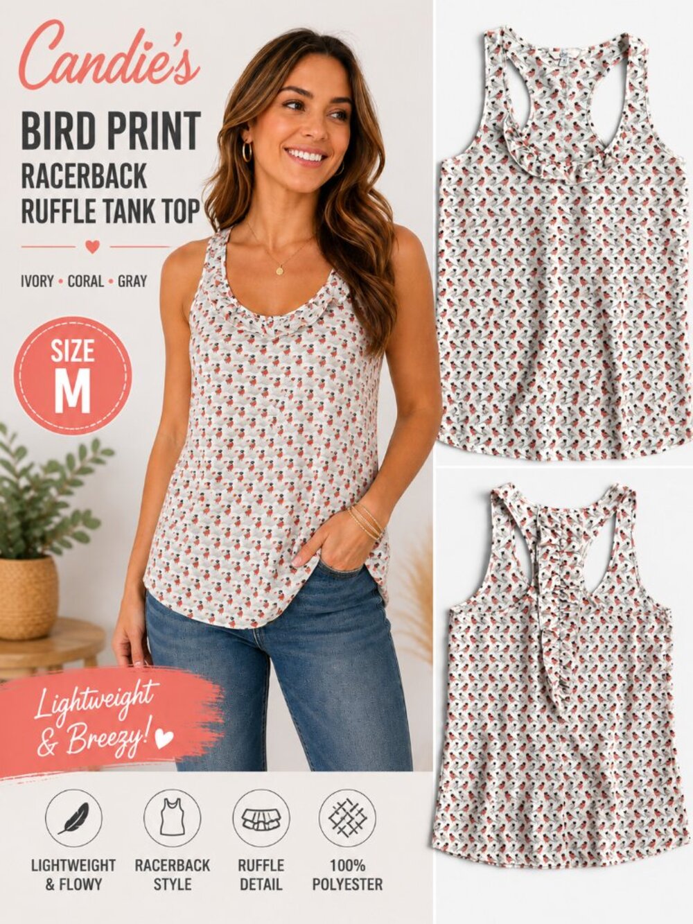Candie’s Bird Print Racerback Ruffle Tank Top Ivory Coral Gray Size M